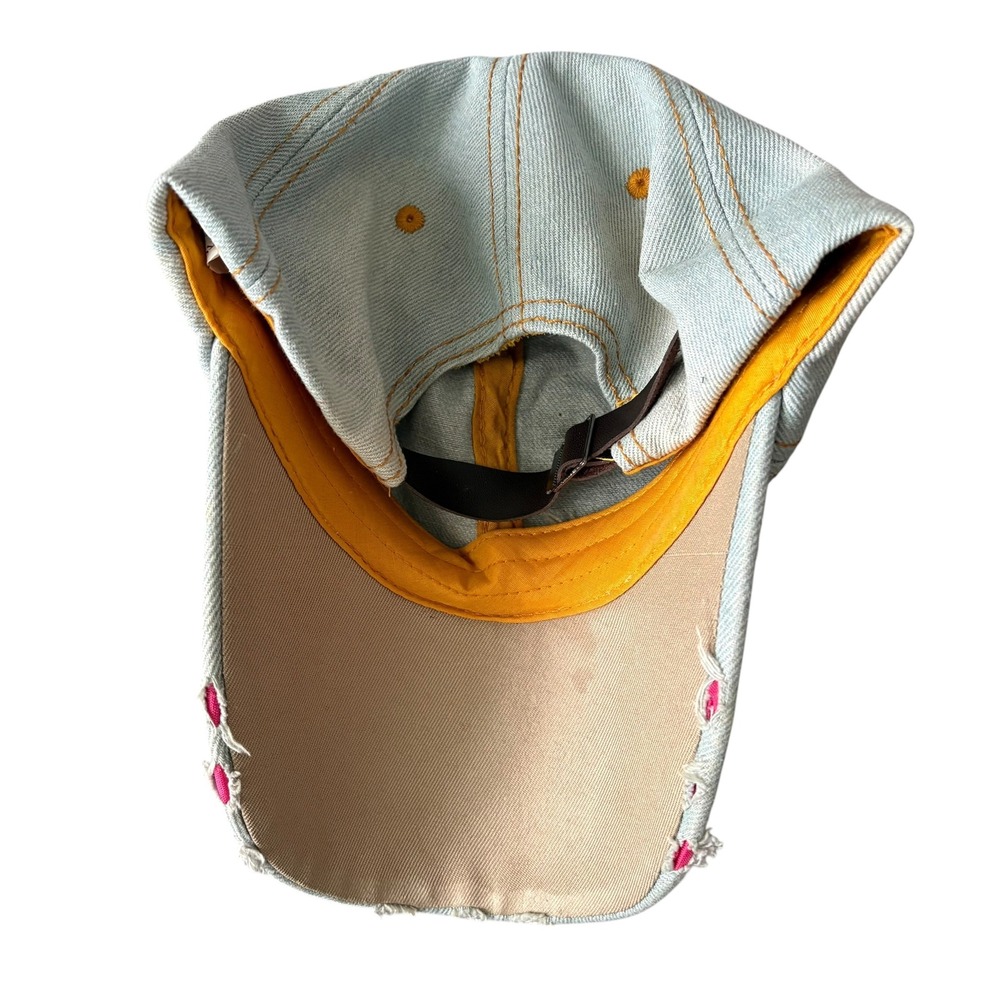 Y2K LOVE Rhinestone Lip Denim Baseball Cap Light Wash Distressed Hat McBling - Picture 7 of 10